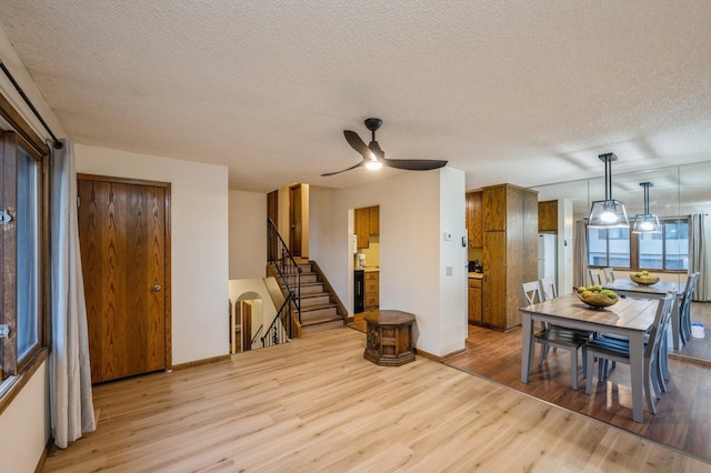 dining space with ceiling fan, a textured ceiling, and light wood-type flooring