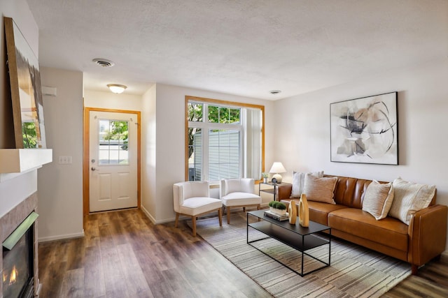 living room with a textured ceiling and dark hardwood / wood-style flooring