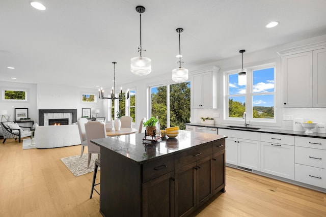 kitchen with light hardwood / wood-style flooring, plenty of natural light, decorative light fixtures, and sink