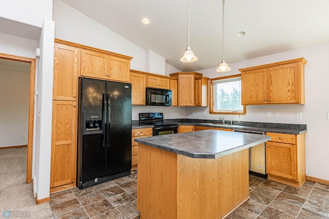 kitchen with pendant lighting, sink, a kitchen island, black appliances, and vaulted ceiling