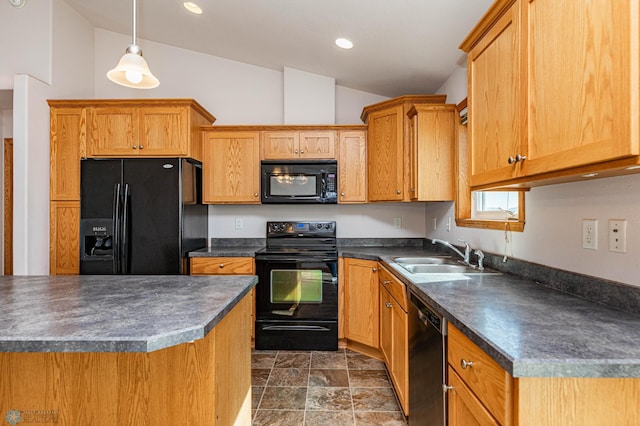 kitchen with vaulted ceiling, decorative light fixtures, sink, and black appliances