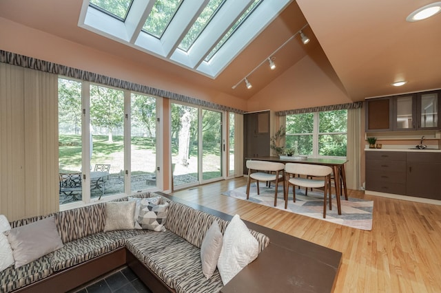 living room with a skylight, sink, high vaulted ceiling, and hardwood / wood-style flooring