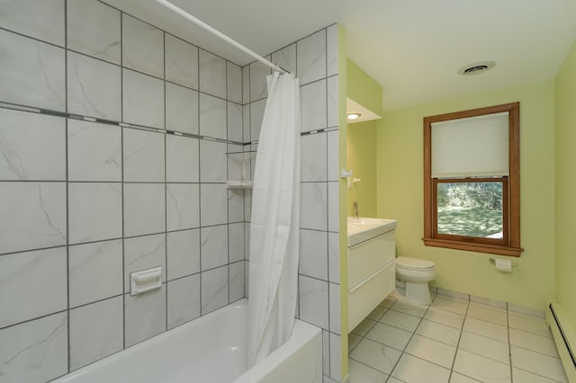 full bathroom with a baseboard radiator, tile patterned floors, shower / tub combo with curtain, vanity, and toilet