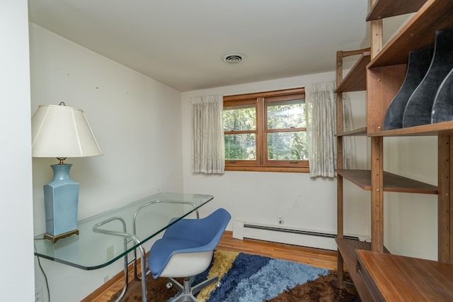 office featuring a baseboard radiator and wood-type flooring