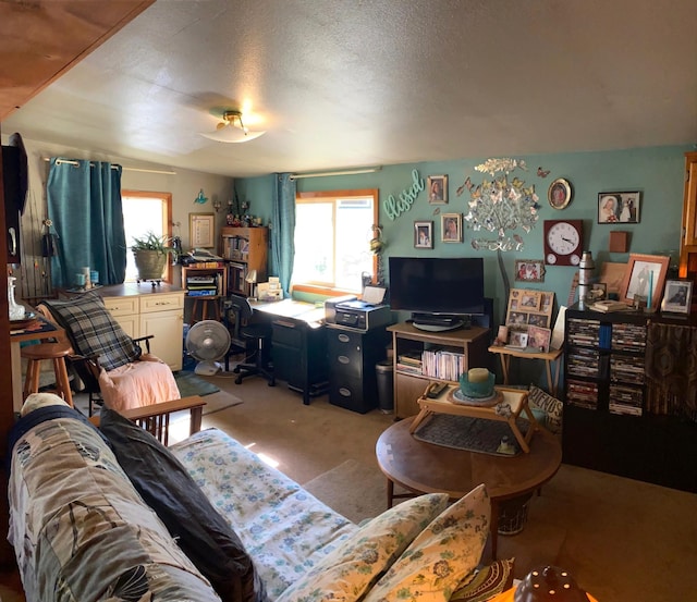 living room featuring plenty of natural light, a textured ceiling, and light carpet