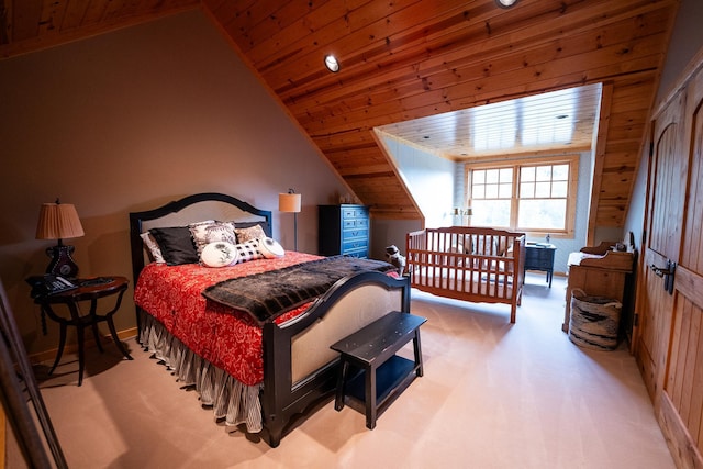 carpeted bedroom with wood ceiling, wooden walls, and lofted ceiling