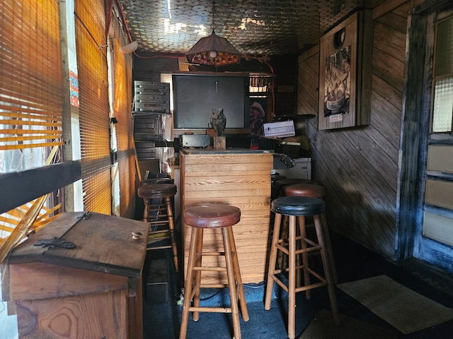 bar with wood walls and carpet