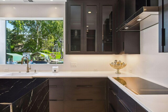 kitchen featuring a sink, glass insert cabinets, dark brown cabinetry, and light countertops