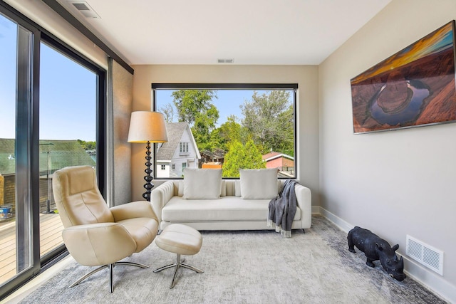 living area featuring baseboards and visible vents