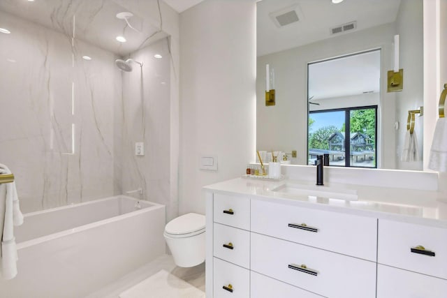 full bath with toilet,  shower combination, visible vents, and vanity
