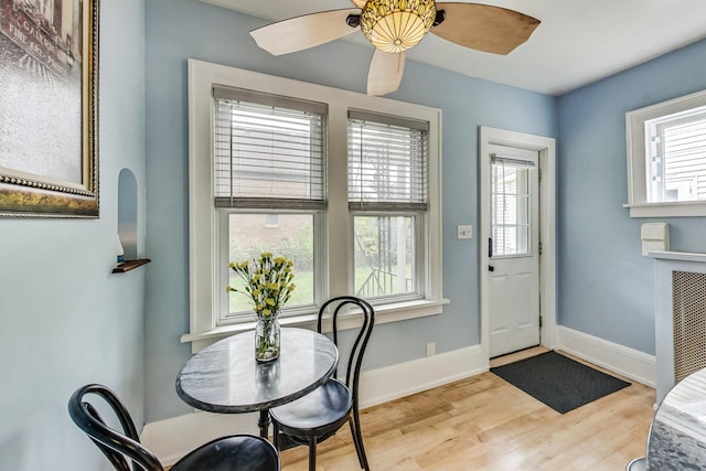 foyer entrance featuring ceiling fan, hardwood / wood-style flooring, and plenty of natural light