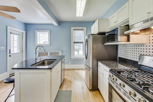 kitchen featuring appliances with stainless steel finishes, a healthy amount of sunlight, light hardwood / wood-style floors, and sink