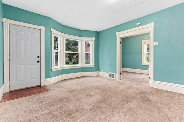 entryway featuring a wealth of natural light, a textured ceiling, and carpet flooring