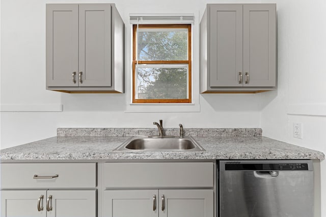 kitchen featuring gray cabinetry, dishwasher, and sink