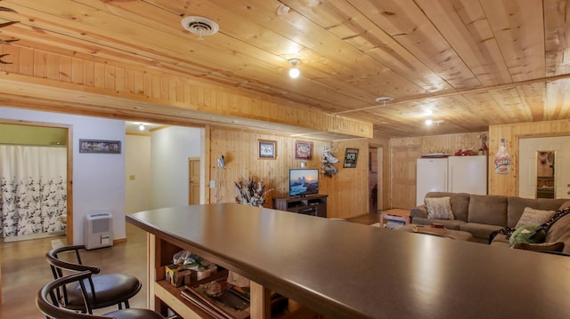 kitchen with wood walls and wood ceiling