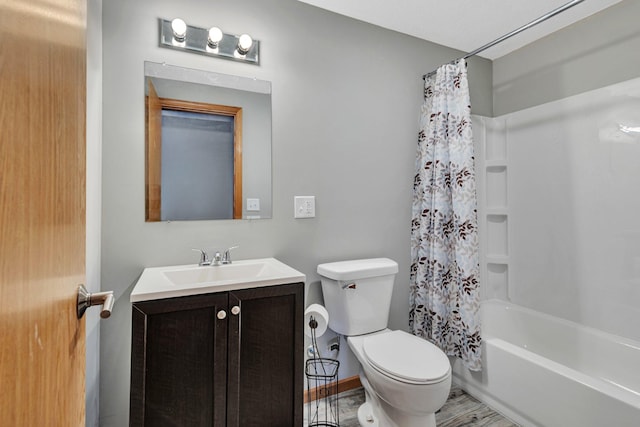 full bathroom featuring hardwood / wood-style flooring, toilet, vanity, and shower / tub combo with curtain