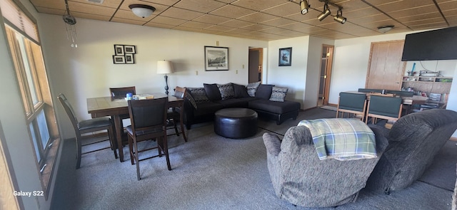 living area featuring carpet flooring and a paneled ceiling