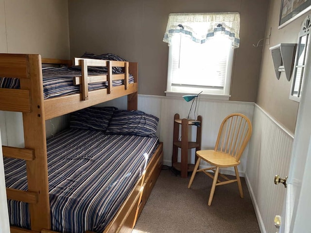bedroom featuring carpet flooring and a wainscoted wall