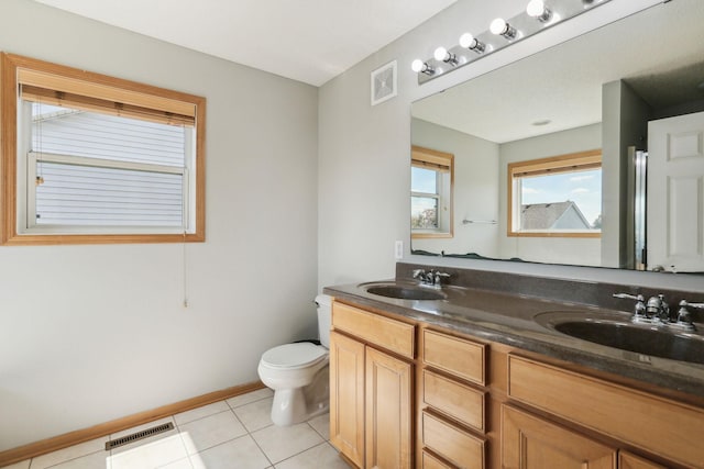 bathroom with vanity, tile patterned flooring, and toilet