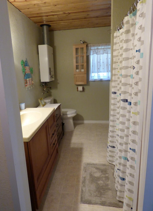 bathroom featuring vanity, a wood stove, wooden ceiling, water heater, and toilet