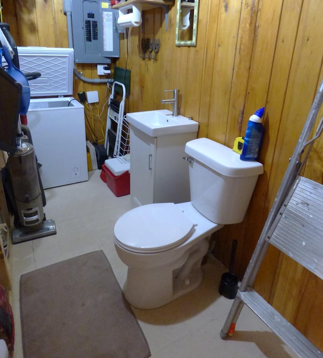 49215 Middle Leaf Rd, Henning, MN 56551 - bathroom with electric panel, toilet, and wood walls