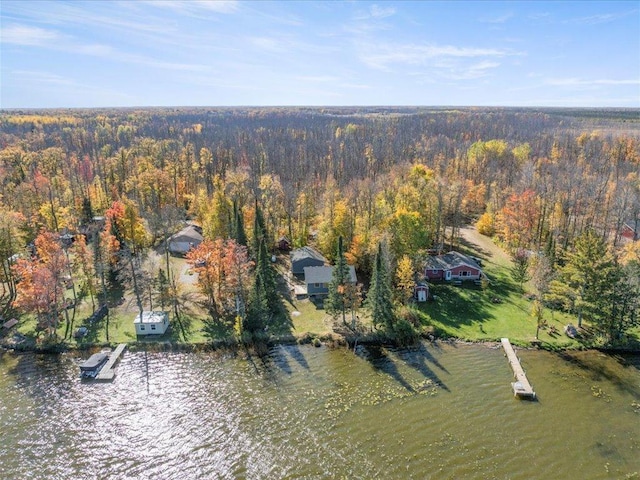 aerial view featuring a view of trees and a water view