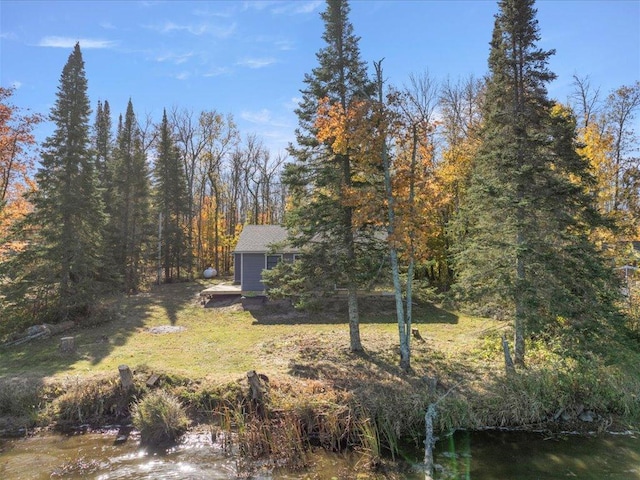 view of yard featuring a forest view