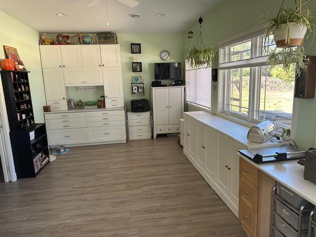 kitchen featuring ceiling fan, decorative light fixtures, dark hardwood / wood-style flooring, and white cabinetry