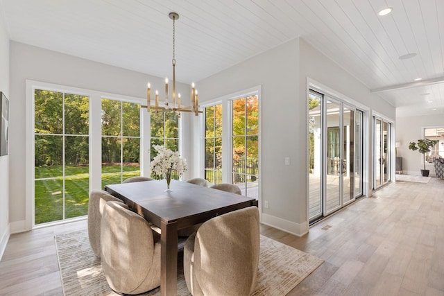 dining room featuring an inviting chandelier, light hardwood / wood-style flooring, and wood ceiling