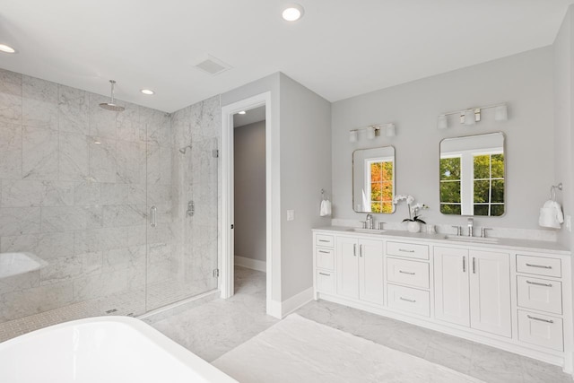 bathroom featuring vanity, separate shower and tub, and tile patterned floors