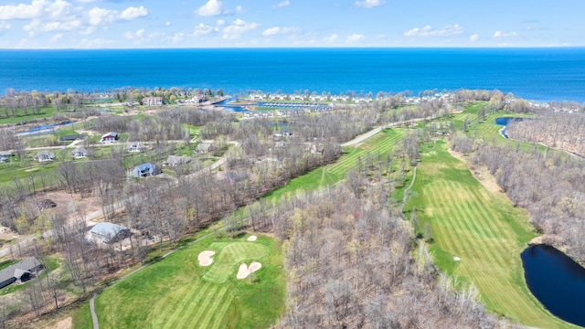 birds eye view of property featuring a water view and golf course view