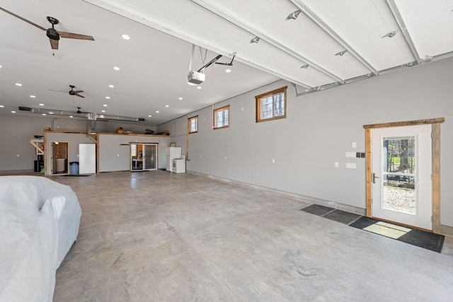 garage with baseboards, ceiling fan, recessed lighting, and a garage door opener