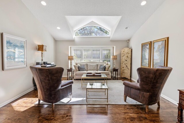 living room with high vaulted ceiling, a textured ceiling, and hardwood / wood-style floors