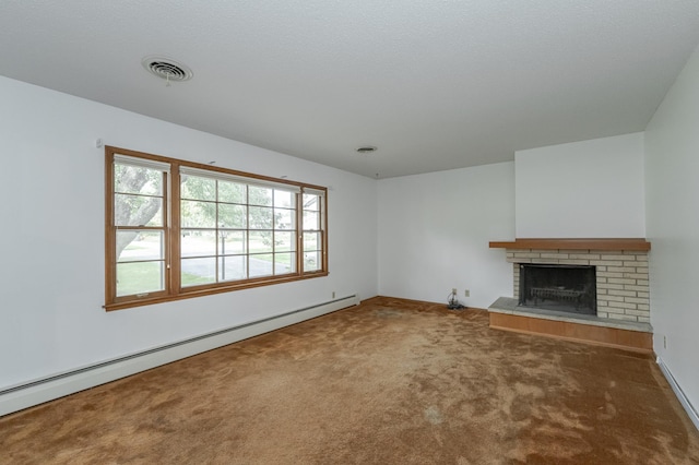 unfurnished living room with carpet flooring, baseboard heating, and a fireplace