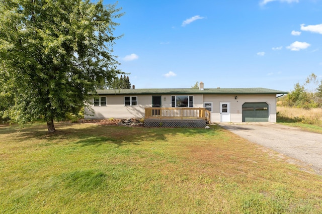 2135 24th Ave SW, Pine River Twp, MN 56474 - single story home with an attached garage, driveway, a wooden deck, a front yard, and a chimney