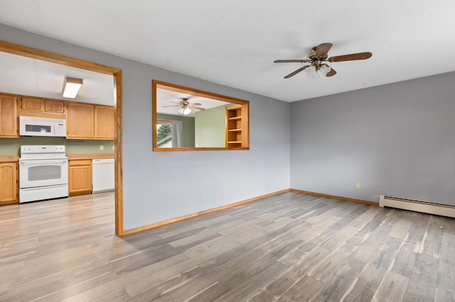 2135 24th Ave SW, Pine River Twp, MN 56474 - kitchen with white appliances, ceiling fan, a baseboard heating unit, baseboards, and light wood-type flooring