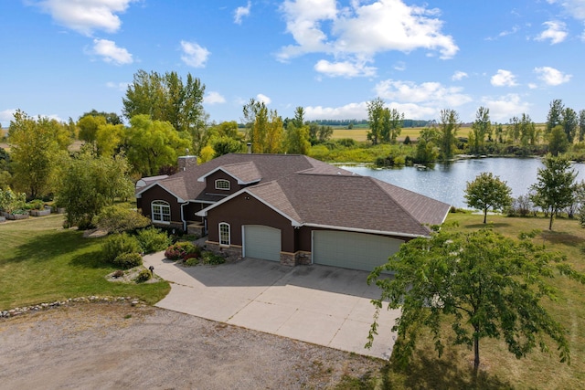 view of front of property with a garage, driveway, stone siding, a chimney, and a front lawn