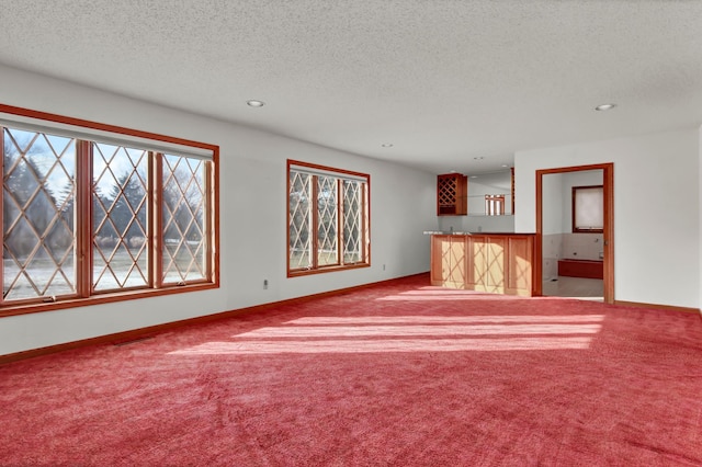 unfurnished living room featuring bar, a textured ceiling, and carpet flooring