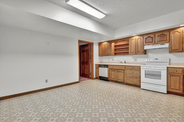 kitchen with dishwashing machine, sink, a textured ceiling, and white range with electric cooktop