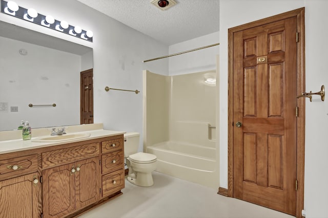 full bathroom featuring bathtub / shower combination, vanity, toilet, and a textured ceiling