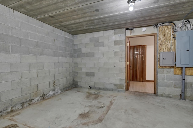 interior space featuring electric panel and concrete block wall