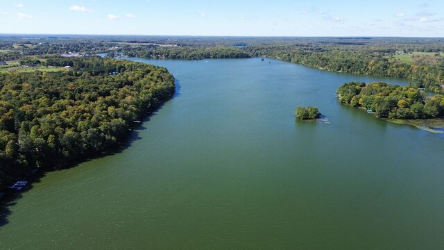 drone / aerial view with a wooded view and a water view