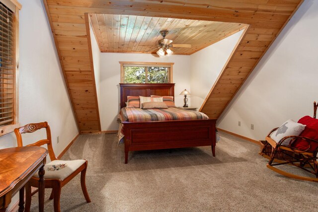 bedroom featuring a ceiling fan, carpet flooring, wood ceiling, and baseboards