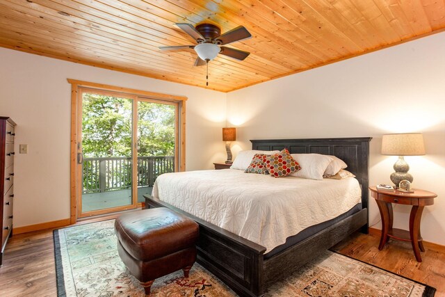 bedroom featuring access to exterior, wood ceiling, wood finished floors, and baseboards