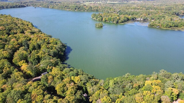 birds eye view of property featuring a wooded view and a water view