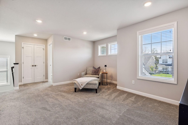 sitting room featuring carpet flooring