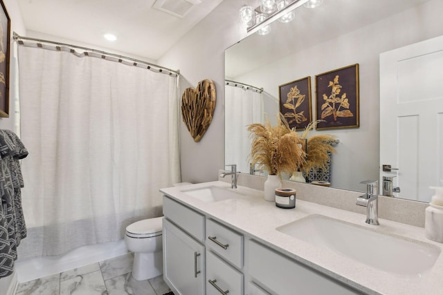 full bathroom with toilet, shower / bath combination with curtain, and vanity