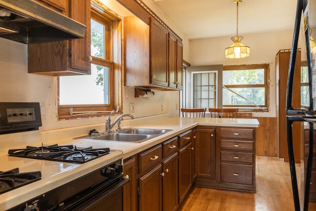 kitchen with kitchen peninsula, pendant lighting, light wood-type flooring, gas stove, and sink