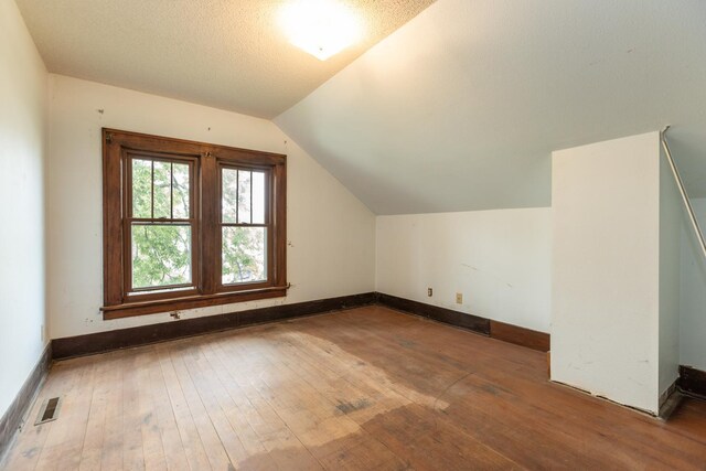 additional living space with wood-type flooring, a textured ceiling, and lofted ceiling