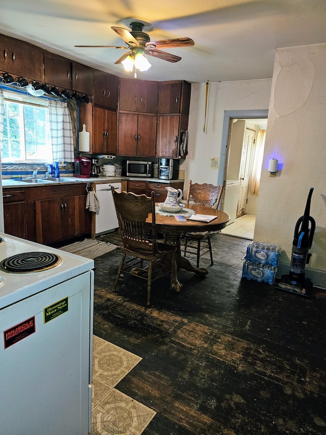 kitchen featuring ceiling fan, dark brown cabinetry, dark hardwood / wood-style flooring, and white appliances